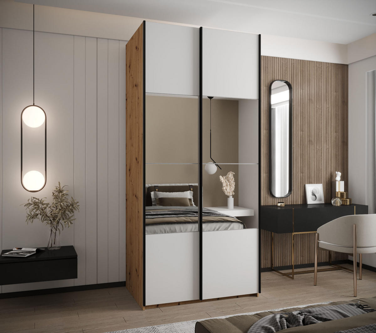 SCHWEBETÜRENSCHRANK 245,5/100/64 2-türig - Schwarz/Weiß, Holz/Metall (100/245/64cm) - Abiks Möbel