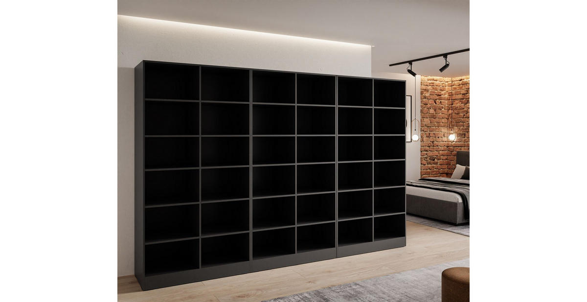 KLEIDERSCHRANK SANDBOX LOFT 300 303/49/200 cm Schwarzgraphit / Schwarzgraphit + Eiche Wotan mit LED 12 Zusatzböden - Eiche Wotan/Schwarz, Holzwerkstoff/Kunststoff (303/200/49cm) - Lookway