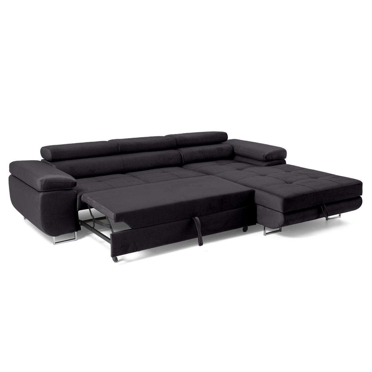 ECKSOFA ALONZO L Rechts mit Schlaffunktion 125x195 Velours Schwarz - Silberfarben/Schwarz, Holz/Textil (203/275cm) - Muffo