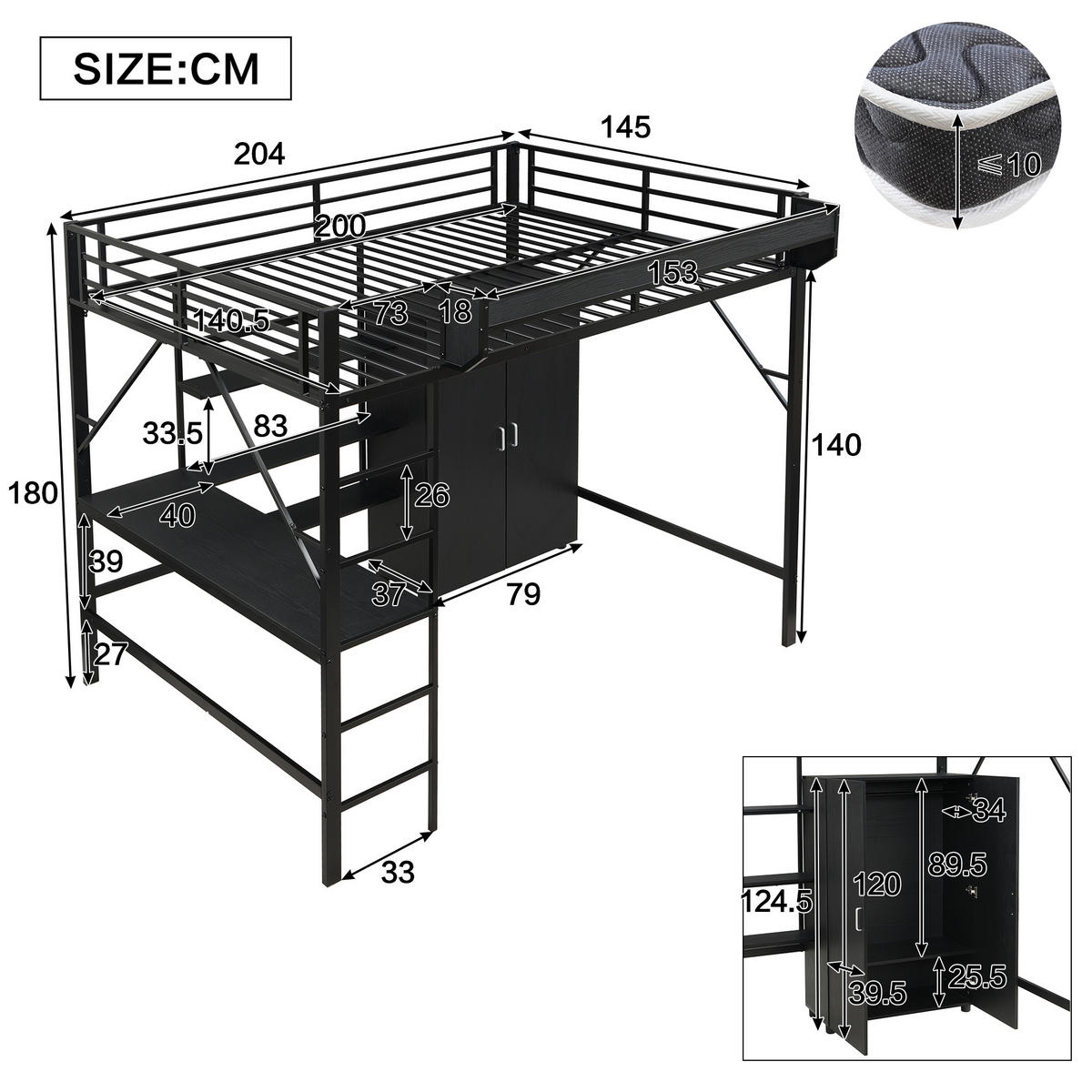 HOCHBETT 140/200 cm schwarz aus Metall und MDF mit Schreibtisch und Kleiderschrank - Schwarz, Holzwerkstoff (140/200cm) - OKWISH