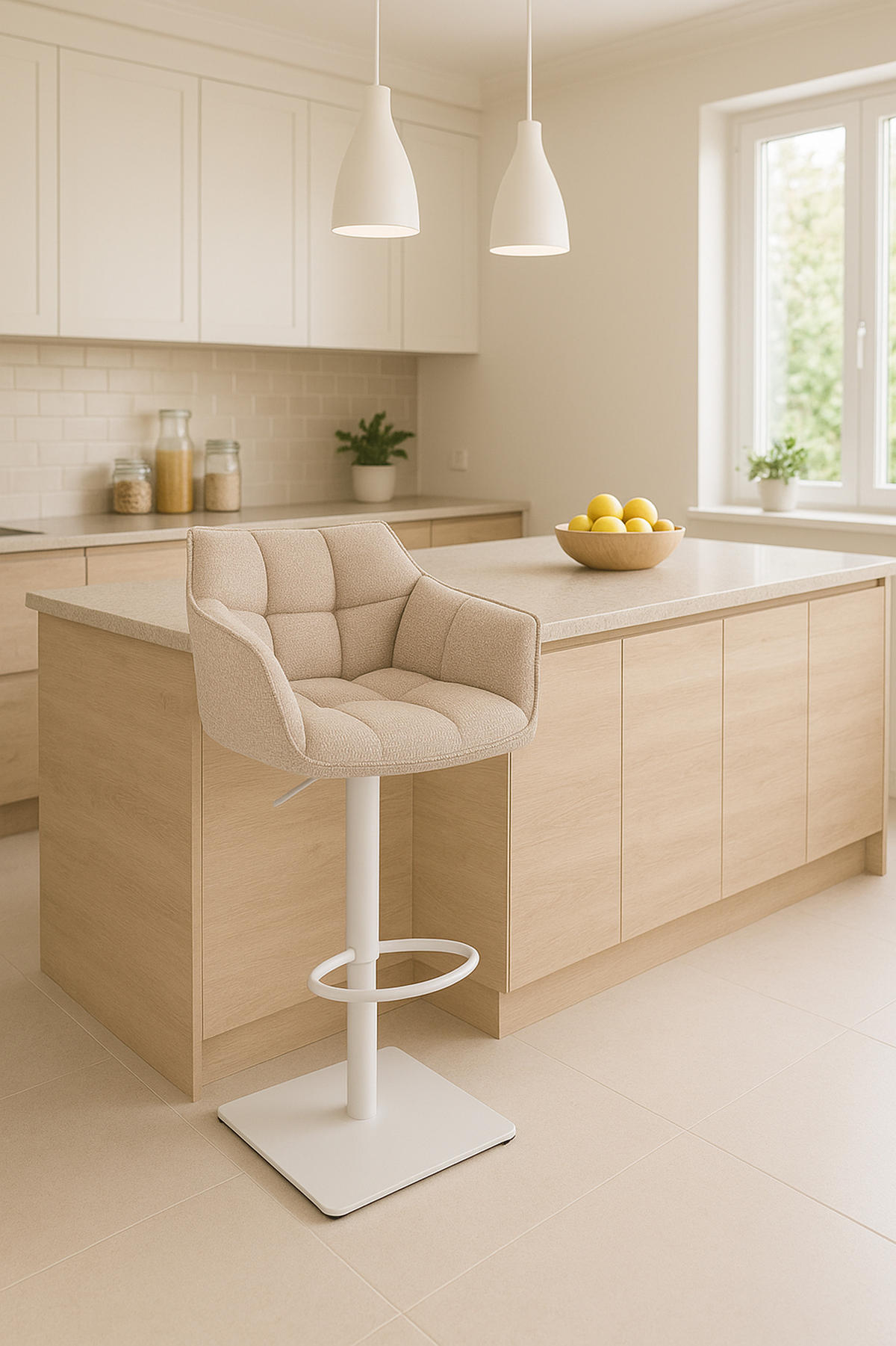 BARHOCKER 2er Set Damaskus Stoff weiß elfenbein - Naturfarben/Weiß, Kunststoff/Metall (64/110/48cm) - TPFLiving