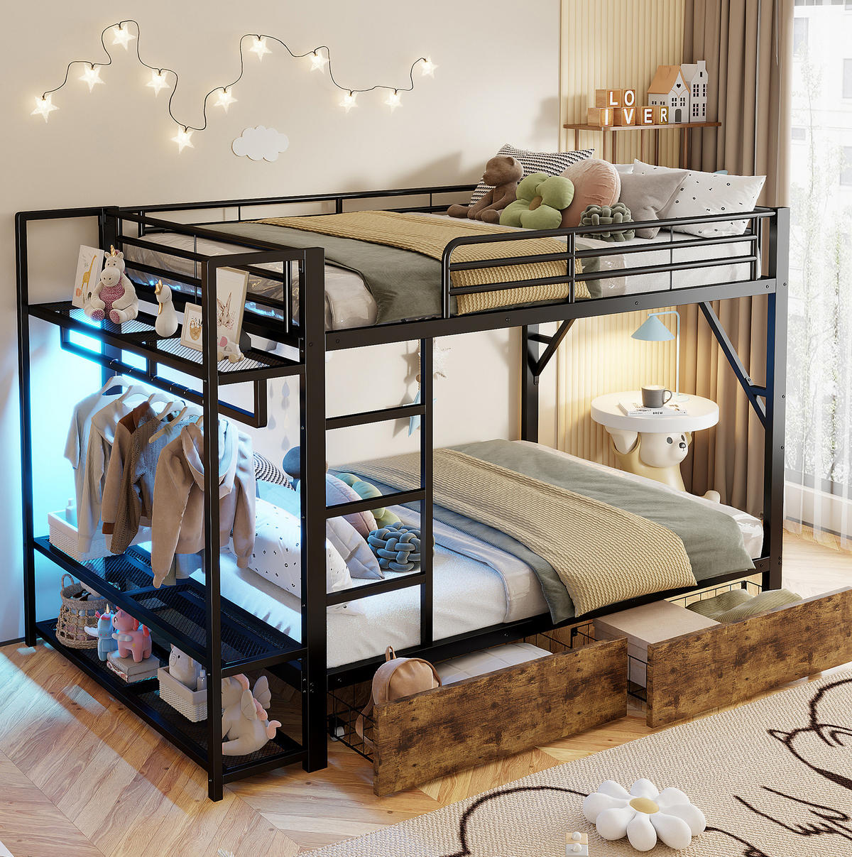 ETAGENBETT 140/200 cm aus Metall mit LED-Lichtleiste, Schubladen, Schwarz - Schwarz, Metall (140/200cm) - OKMYHOME