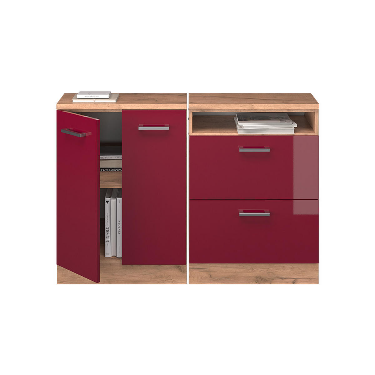 KUHINJSKI ORMAR ZA KOSINE KROVA R-Line Crveni visoki sjaj 120 cm Set od 2 korpusa ormara, dubina 60 cm - hrast medunac/crvena, drvni materijal (120/83.8/60cm) - Vicco