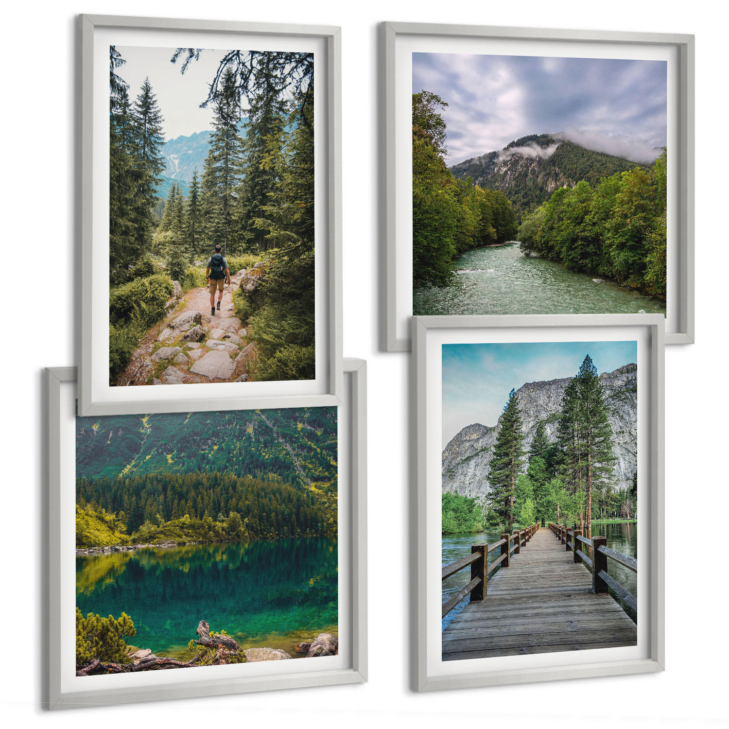BILDER SET 4er Set - 50x50 cm & 40x60 cm Silberner Rahmen - Berge, Seen, Wälder, Wege - Silberfarben, Kunststoff (50/50cm) - TULUP