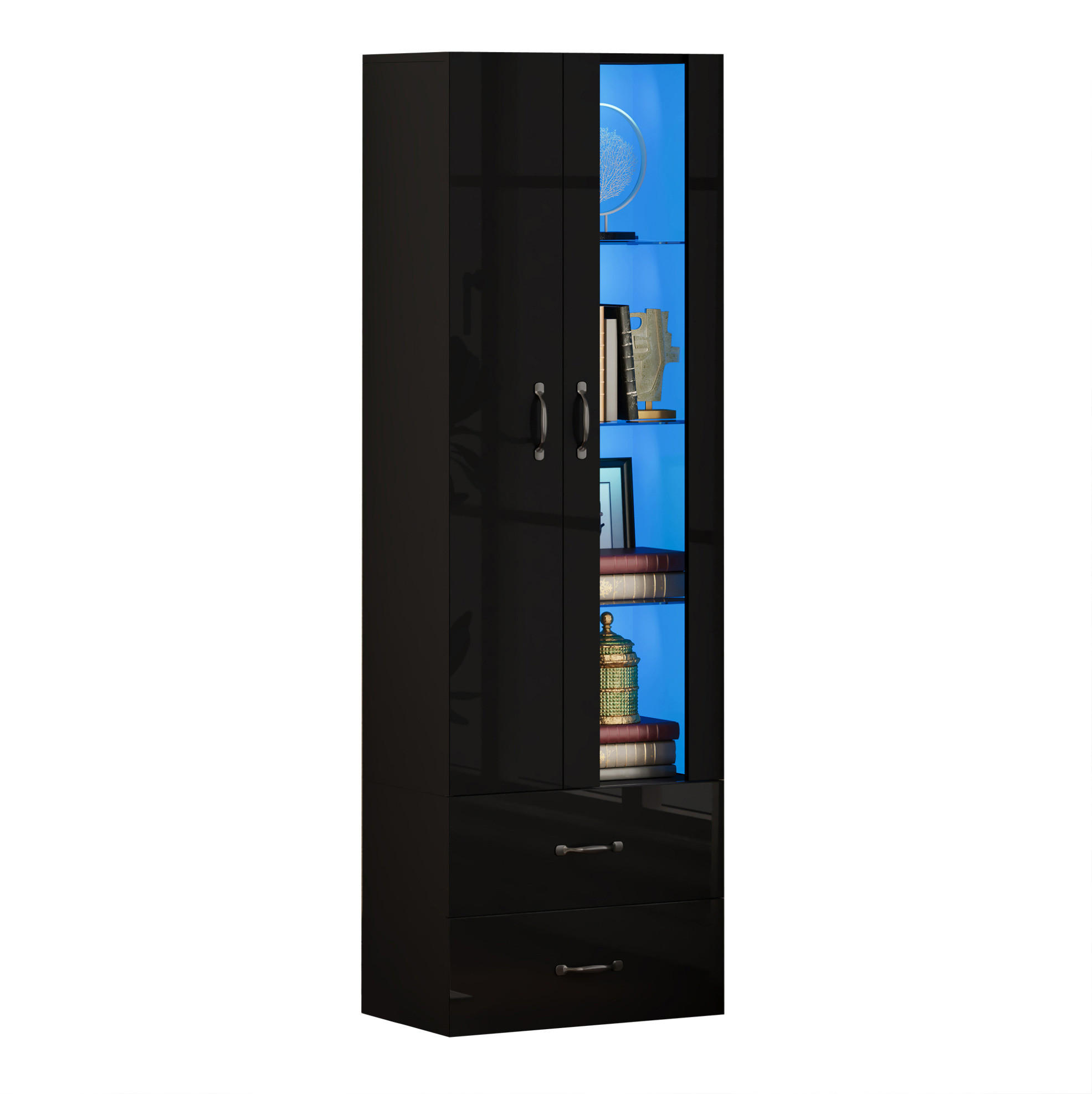 VITRINE 59,5/35/182 cm aus Holzwerkstoff mit LED-Beleuchtung und Acryltür Schwarz - Schwarz, Holzwerkstoff (60/182/35cm) - Modenvie