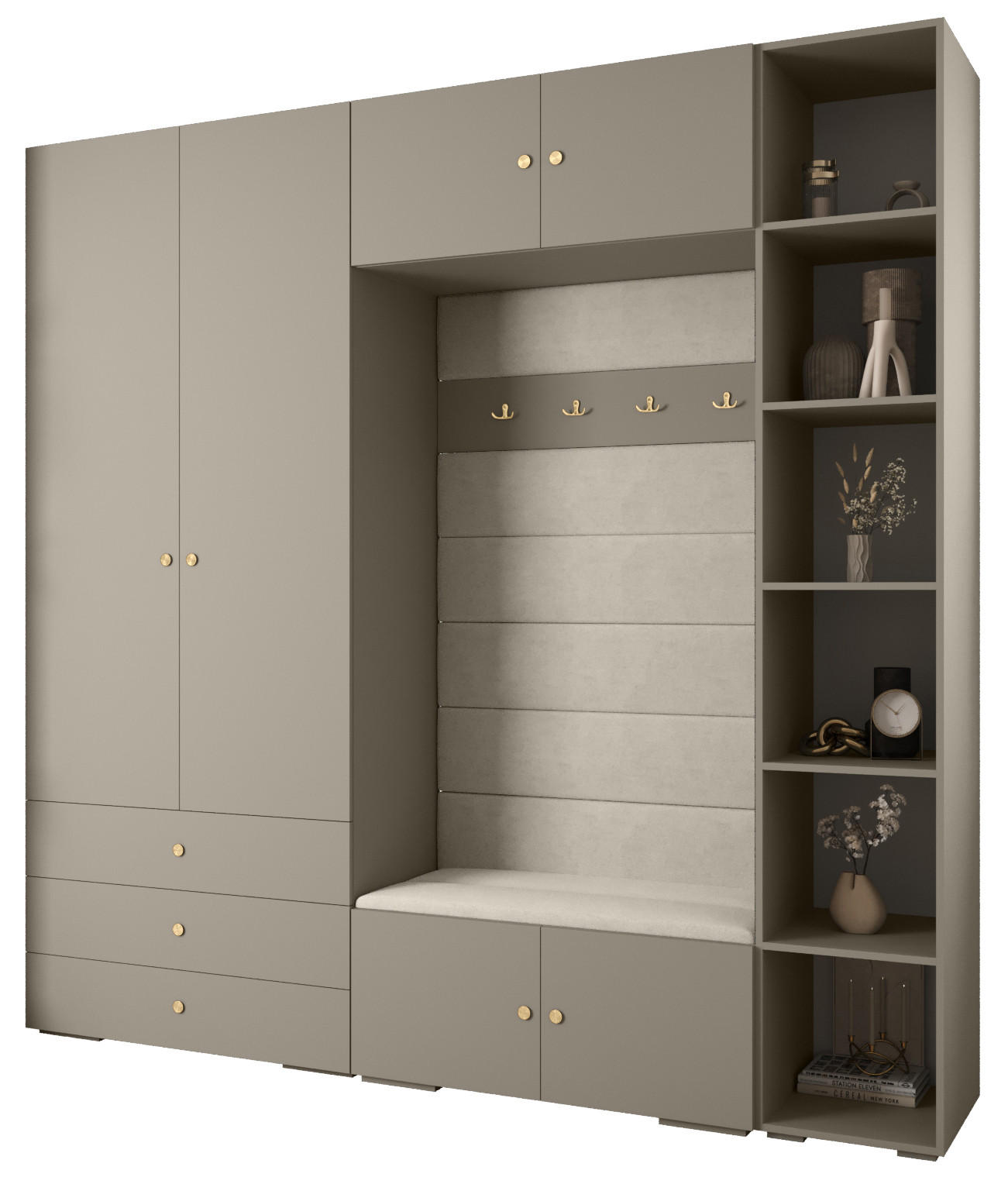 Abiks Möbel Garderoben-Set Kaschmir, Beige, Gold 240x236.7x47 cm