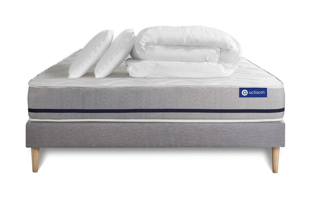 BETT Actiflex soft Taschenfederkern 140 x 200 cm h2 - Kit Bettgestell Grau - Mit Kissen und Bettdecke - Beige/Grau, Holz/Textil (140/200cm) - ACTISOM