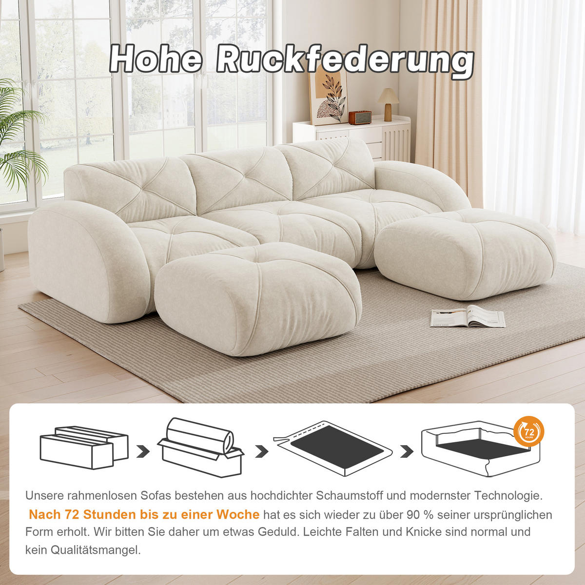 WOHNLANDSCHAFT Weiß 281/171/76 cm 3-Sitzer Modular mit 2 Hockern - Beige, Textil (281/76/171cm) - PANGIVO