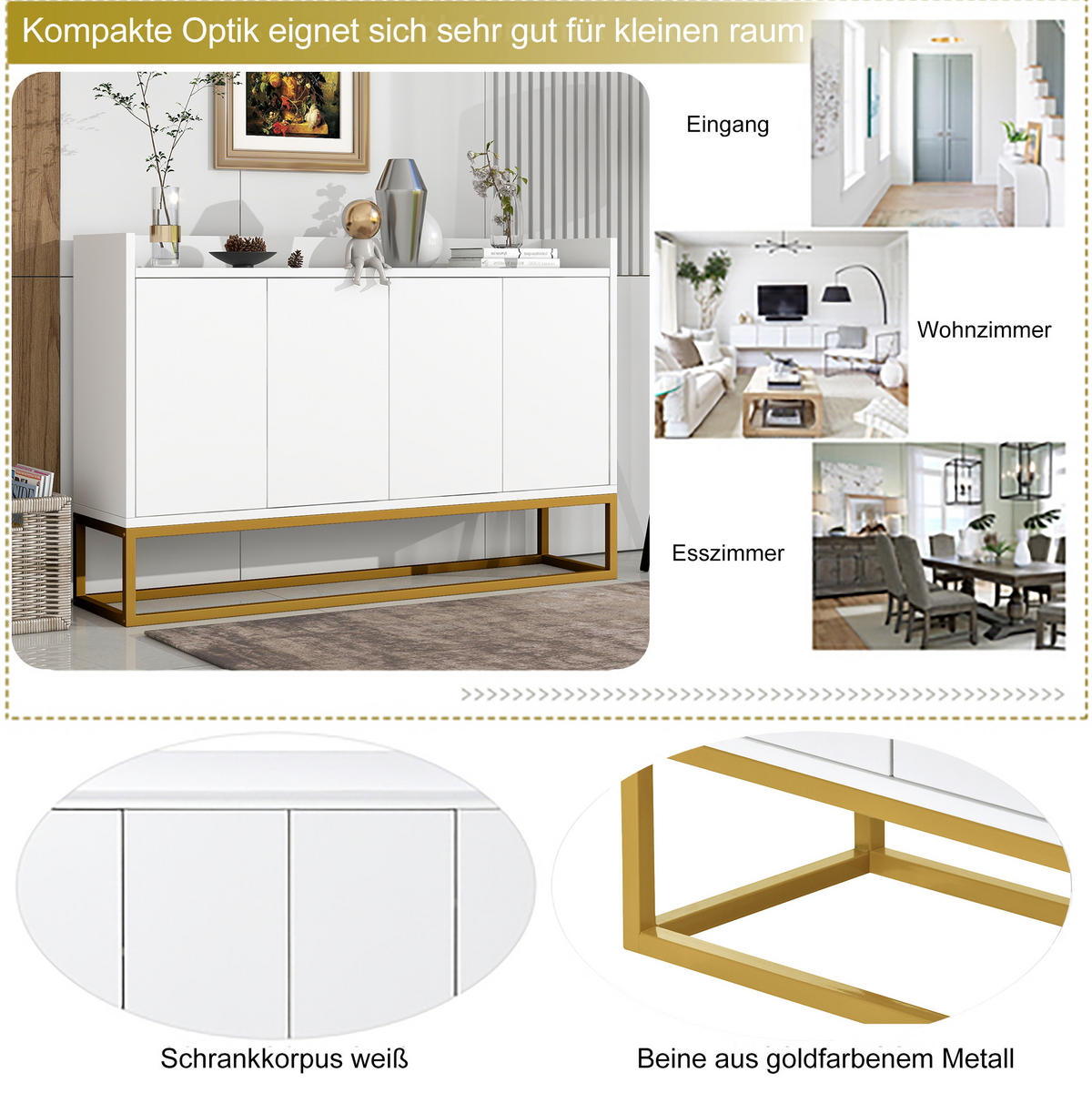SIDEBOARD 120/30/80 cm mit 4 Türen, verstellbaren Einlegeböden und Push-to-open, MDF/Spanplatte, Weiß - Weiß, Holzwerkstoff (120/80/30cm) - Redom