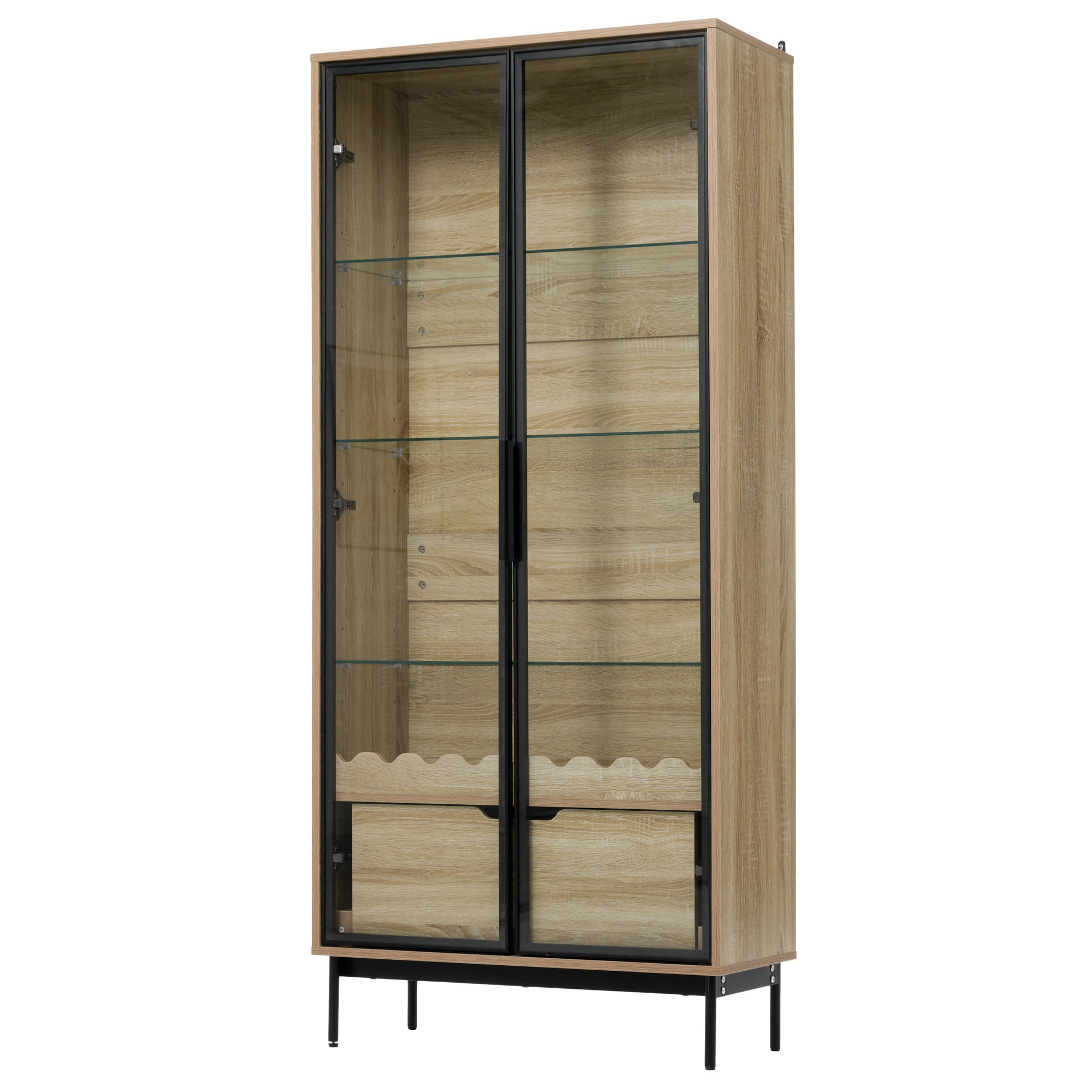 BUFFET mit Glastür und höhenverstellbaren Glasregalen mit Schublade Wellendekor - Transparent/Naturfarben, Glas/Holzwerkstoff (75/170.8/35cm) - EVRYAE