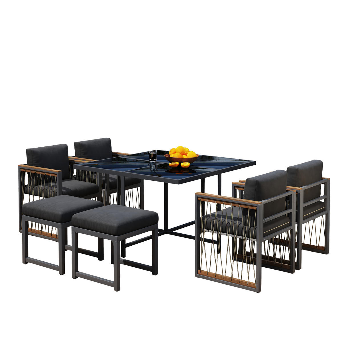 GARTENSET 7 tlg Glas Tisch 6 Personen - Schwarz, Metall - LEBENLANG