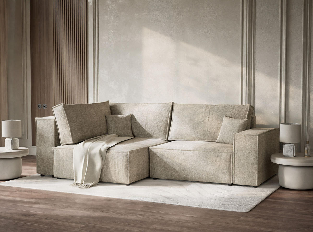 ECKSOFA MIT SCHLAFFUNKTION Tonga Hellbeige Chenille-Stoff - Beige/Schwarz, Holz/Holzwerkstoff (105/225cm) - Maison de Reve