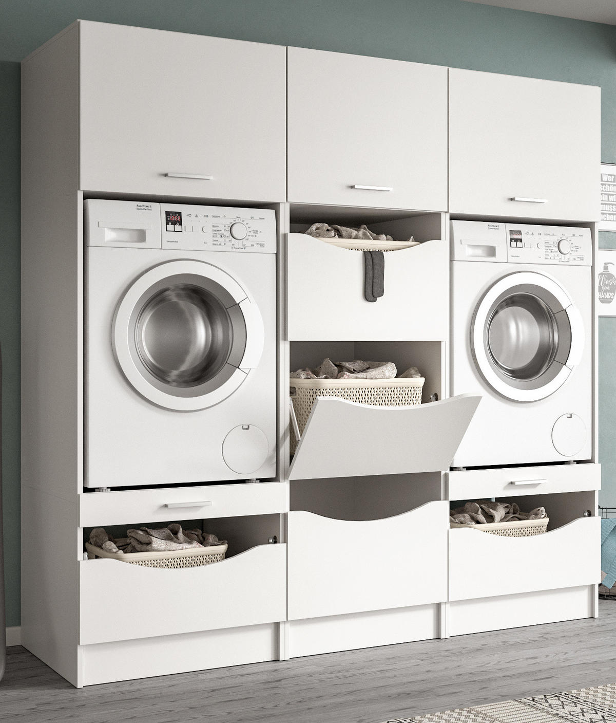WASCHMASCHINENSCHRANK weiß Set 3-teilig, Waschmaschinenumbau 192 cm mit viel Stauraum - Silberfarben/Weiß, Glas/Holzwerkstoff (192/196/68cm) - Inn.Furn