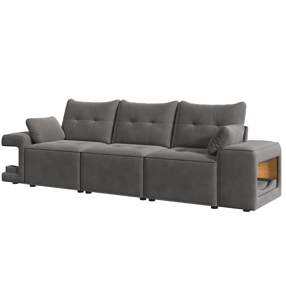 3-SITZER-SOFA aus Velours 229,5x78x84 cm Grau mit Stauraum, Haustiernischen und 2 Kissen - Grau, Textil (229.5/84/78cm) - Modfu