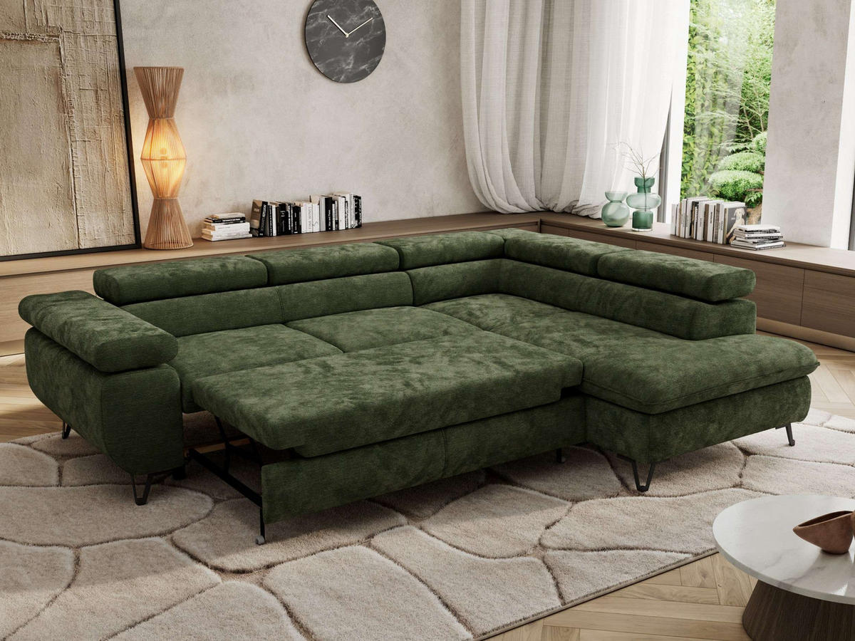 ECKSOFA PABLO L Dunkelgrün Schenille glatt - Rechts Seite mit T25 Topper - Dunkelgrün/Schwarz, Textil/Metall (273/208cm) - MKS