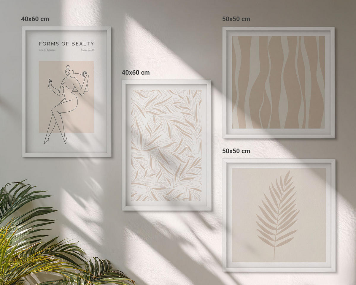 WANDBILDER 4er-Set - 50x50 cm & 40x60 cm Weißer Rahmen - Minimalistische Pflanzenmotive - Weiß, Kunststoff (50/50cm) - ArtPrintCave