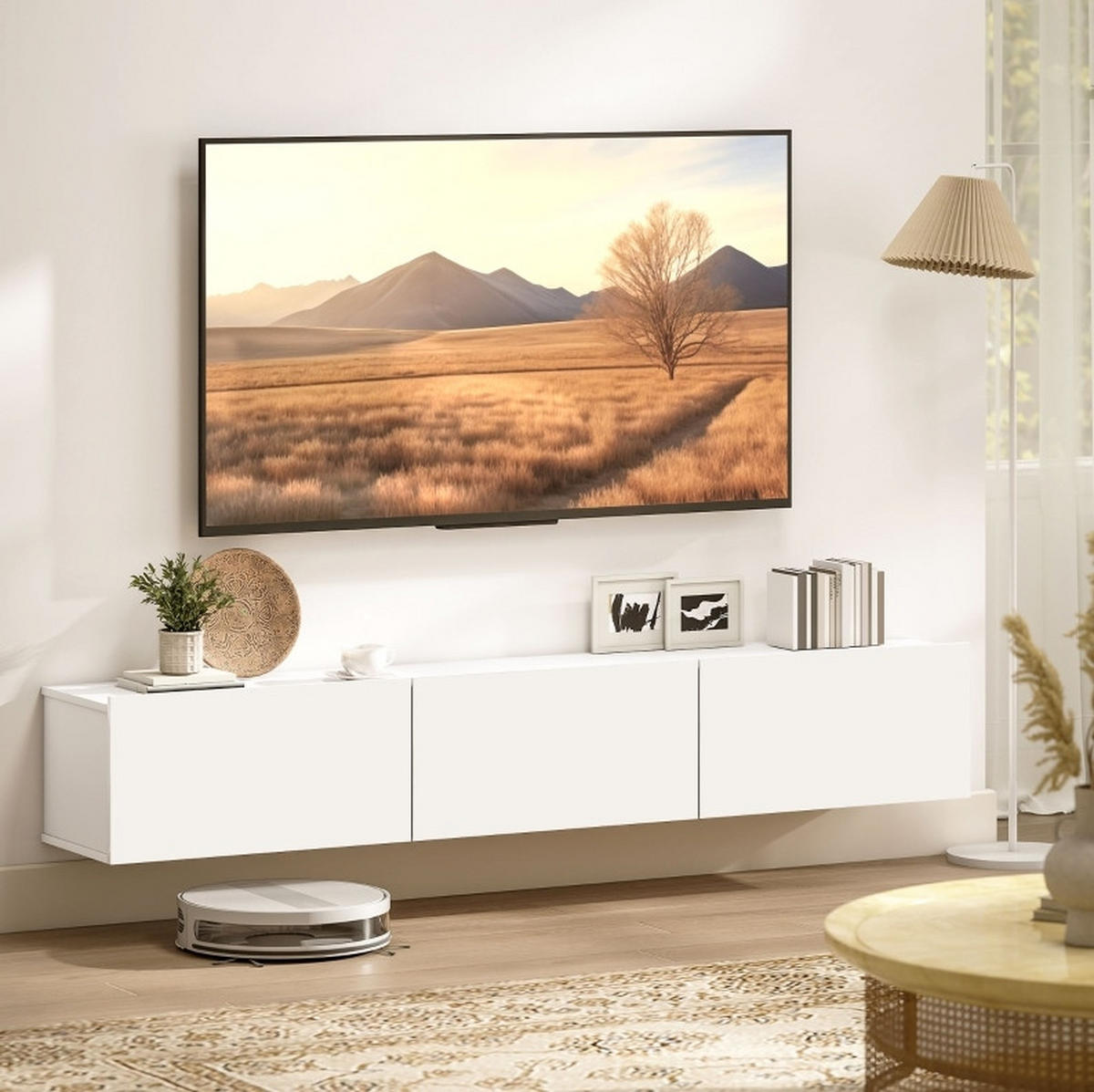 TV-LOWBOARD aus Holz 180x32x30 cm cm Weiß zur Wandmontage mit 3 Klappen und Soft-Close - Weiß, Holzwerkstoff (180/29.8/31.5cm) - Modfu