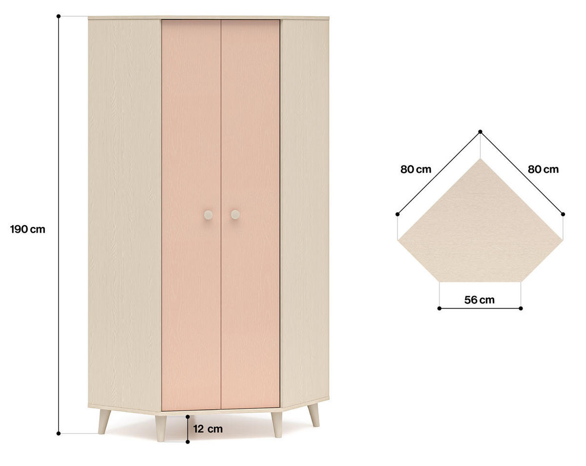 ECKSCHRANK Mevel Wüstensand / Millennial Pink 80 / 80 / 190cm - Pink, Holz/Holzwerkstoff (80/190/80cm) - Feldmann-Wohnen