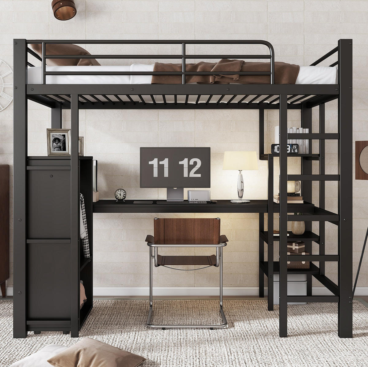 HOCHBETT 90/200 cm aus Metall mit Schreibtisch und Kleiderschrank in Schwarz - Schwarz, Metall (90/200cm) - Flora Grace