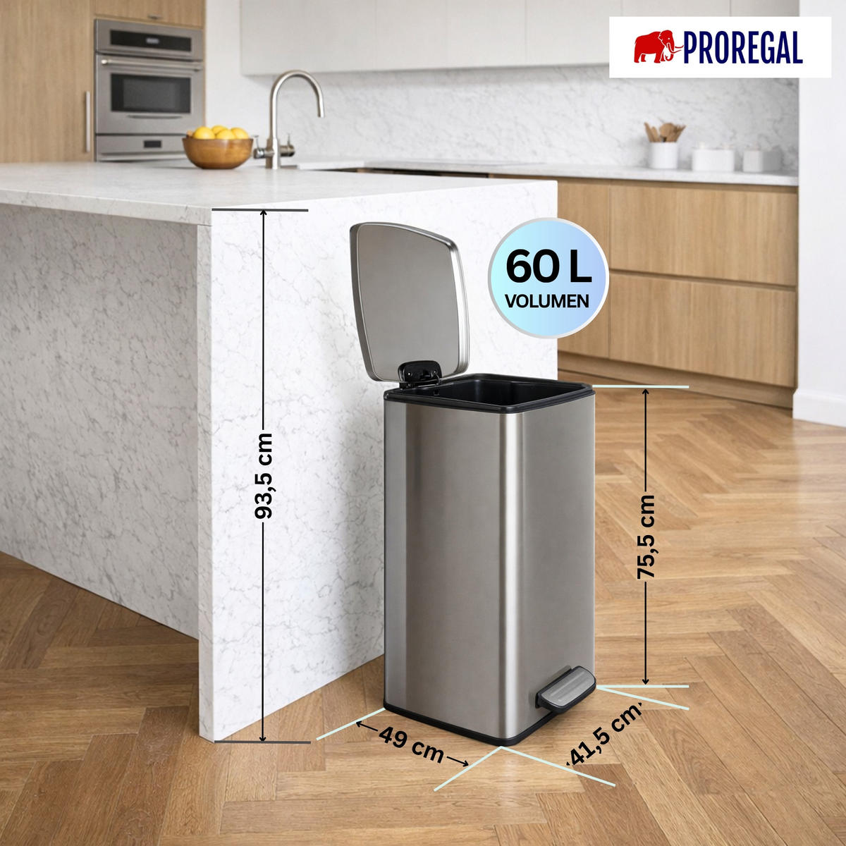 MÜLLEIMER 60 Liter mit Softclose & Fußpedal - Silberfarben, Metall (41.5/75.5/49cm) - PROREGAL