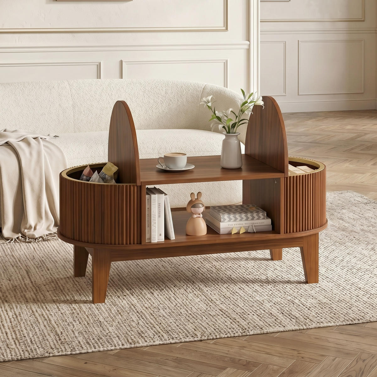 COUCHTISCH 100/50/50 cm, walnussfarben, ovales Design mit verstecktem Stauraum und offenen Regalen - Braun, Holz (50/100/50cm) - Waldena