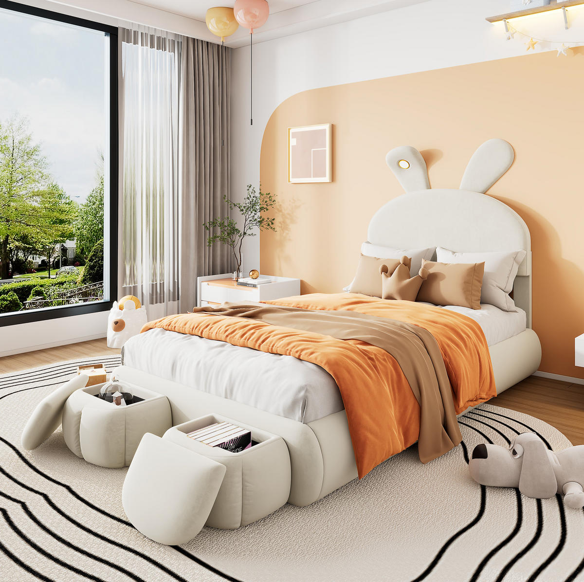 POLSTERBETT mit LED-Beleuchtung 90/200 cm in Beige mit gepolstertem Hasenohren-Kopfteil - Beige, Textil (90/200cm) - BEAOK