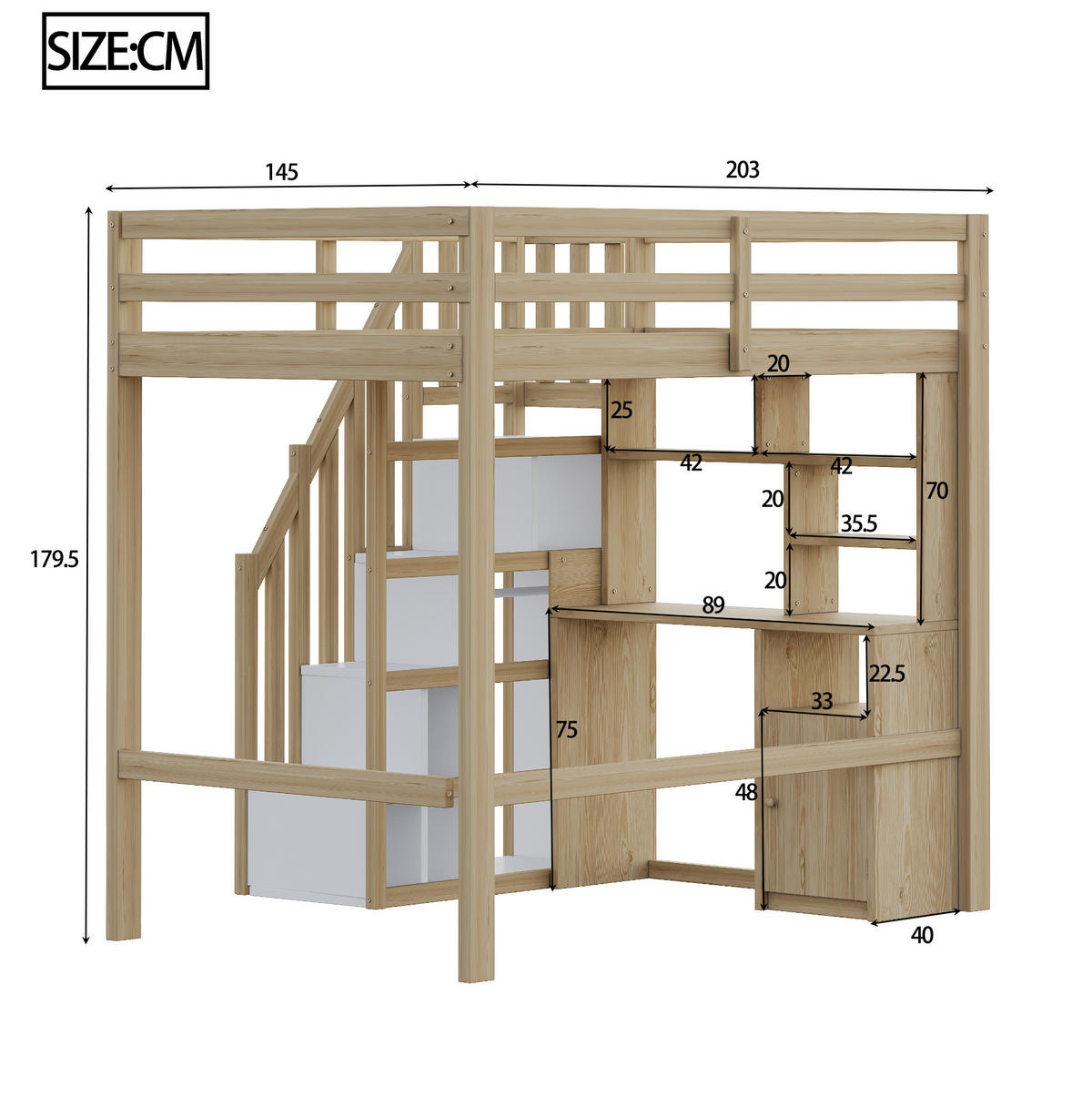 HOCHBETT 90/200 cm mit Schreibtisch, Regalen, Schränken und Stauraumtreppe, Natur Holzwerkstoff - Naturfarben, Holzwerkstoff (90/200cm) - Redom