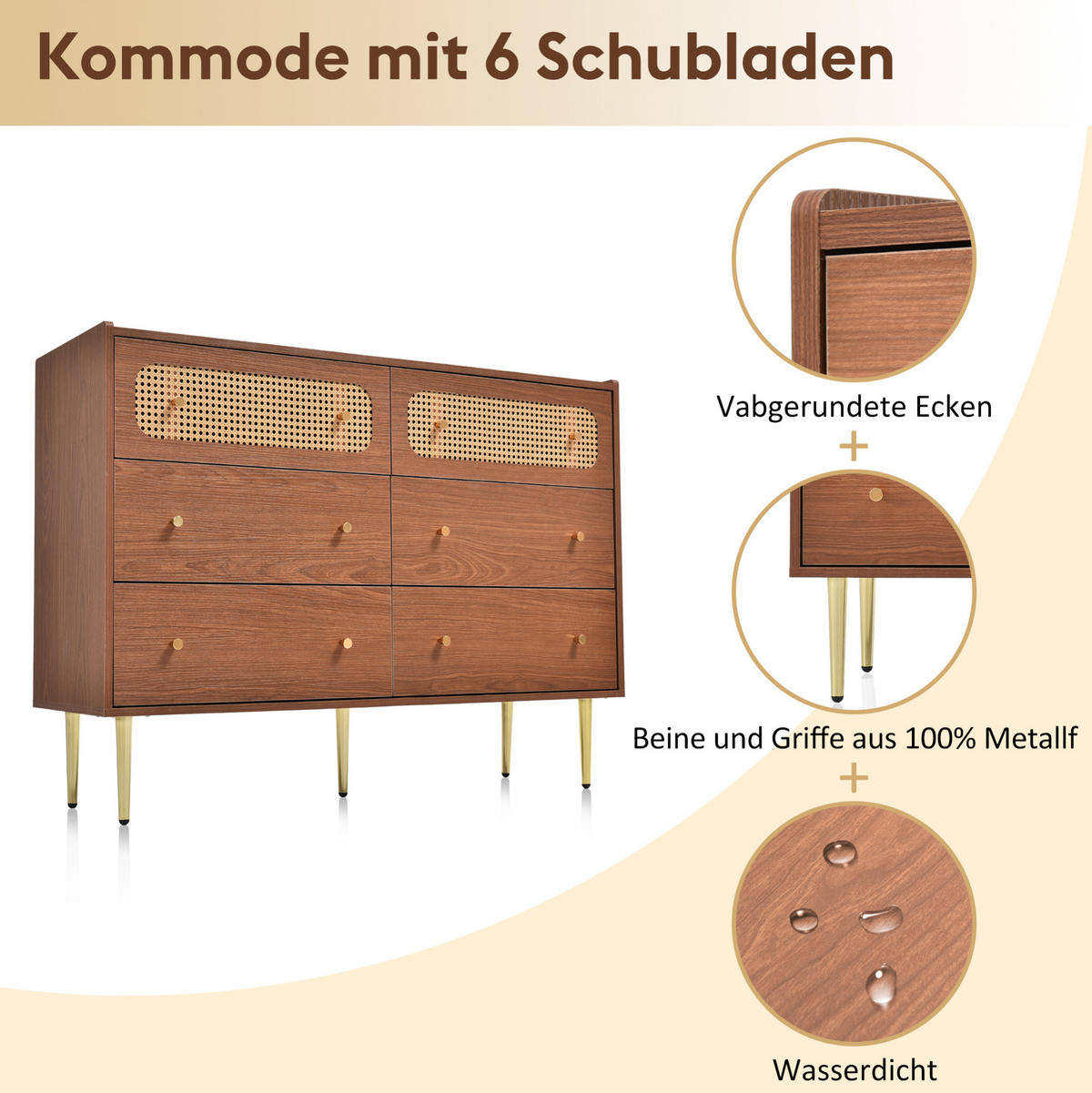 KOMMODE 120/40/90 cm in Nussbaum mit 6 Schubladen und Rattan-Details - Naturfarben, Metall (120/90/40cm) - Flora Grace