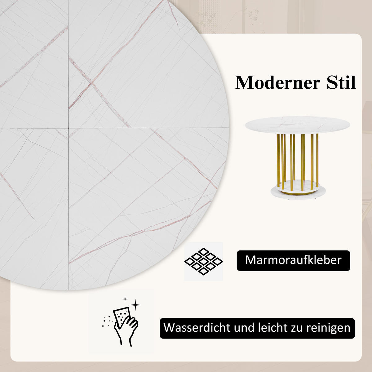 ESSTISCH SET mit 4 Stühlen, Weißer Marmoroptik und Goldene Beine - Beige, Holzwerkstoff/Textil (110/74.6/110cm) - Urban Meuble