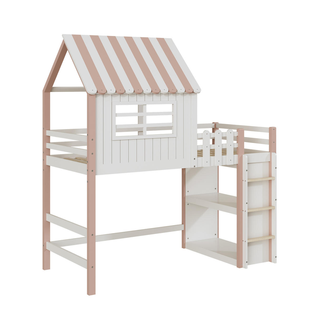 KINDERBETT 90x200 cm Rosa mit Dachdesign, Sicherheitsleiter und Lattenrost - Pink, Holzwerkstoff (90/200cm) - Modfu