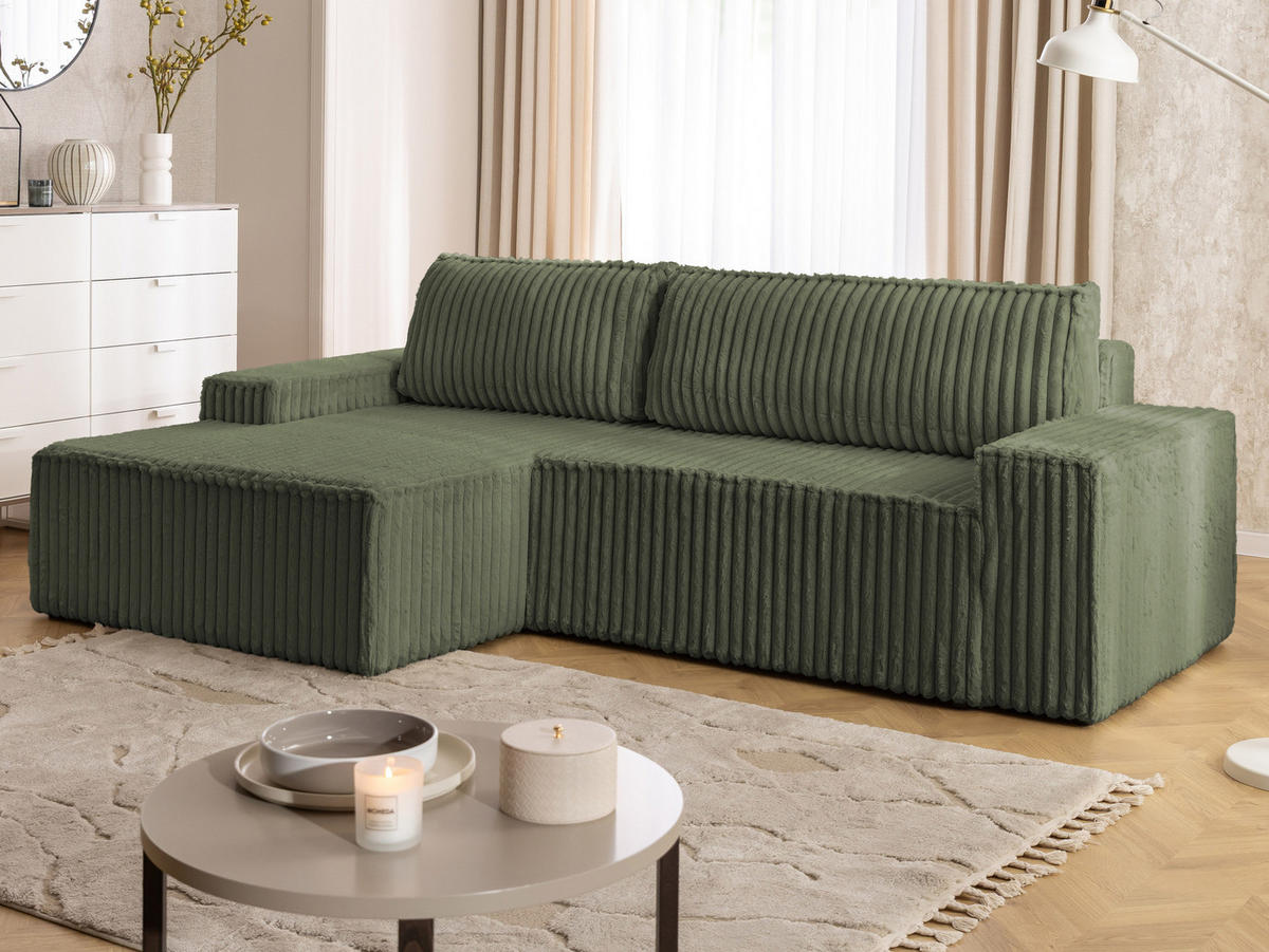 ECKSOFA Rivio mit Schlaffunktion und Bettkasten, Plüschcord Grün - Schwarz/Grün, Holz/Kunststoff (149/262cm) - S-Style