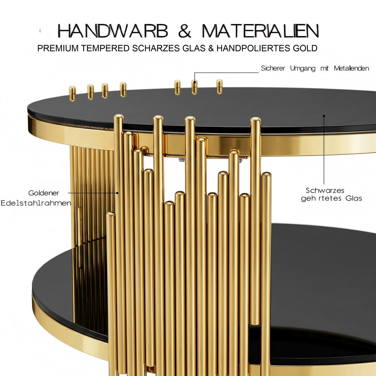 COUCHTISCH rund in Schwarz und Gold, Ø 80 cm, Doppelglas und Edelstahlgestell - Goldfarben, Metall (80/80/45cm) - Urban Meuble