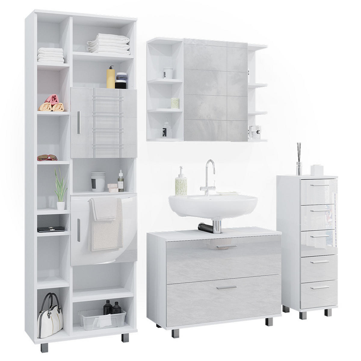 BADMÖBEL-SET Ilias Weiß Hochglanz 4 Teile, mit Hochschrank - Weiß Hochglanz, Holzwerkstoff (80.2/60.8/33cm) - Vicco