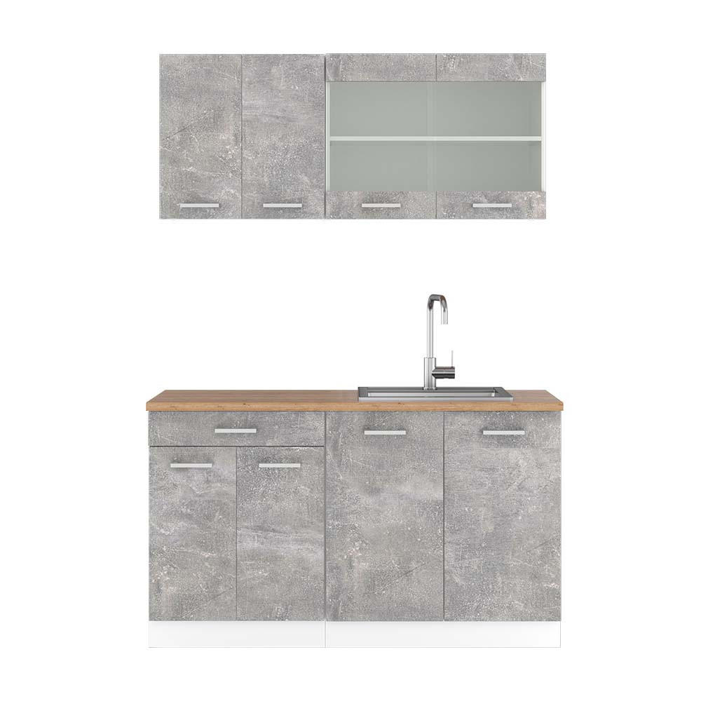 KÜCHENZEILE R-Line Beton/Weiß 140 cm, AP Eiche - Schieferfarben/Weiß, Holzwerkstoff (140/81.6/60cm) - Vicco
