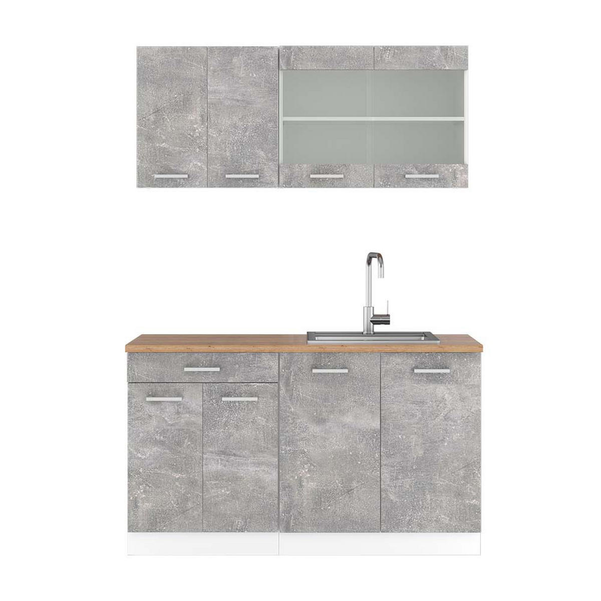 KÜCHENZEILE R-Line Beton/Weiß 140 cm, AP Eiche - Schieferfarben/Weiß, Holzwerkstoff (140/81.6/60cm) - Vicco