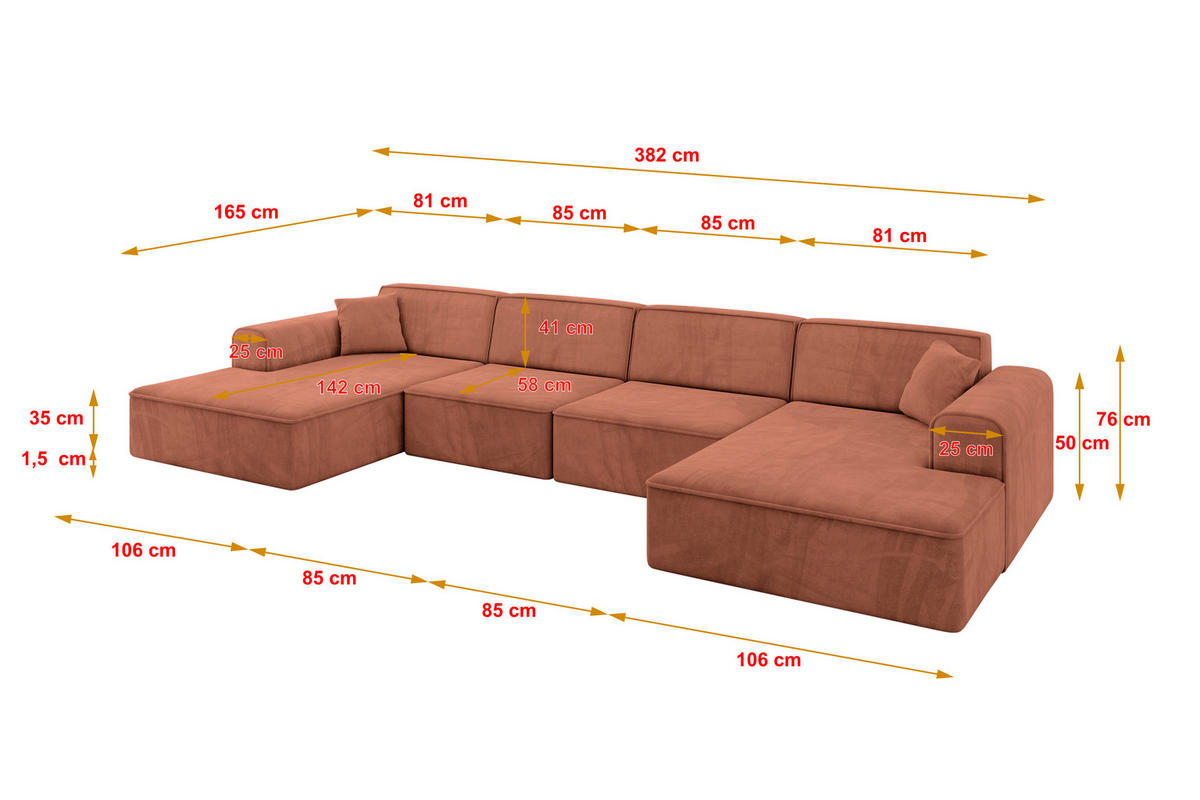 WOHNLANDSCHAFT IREA-U2-v3 - 382x165x76 cm Apricot - Koralle, Holzwerkstoff/Textil (382/76/165cm) - ALTDECOR