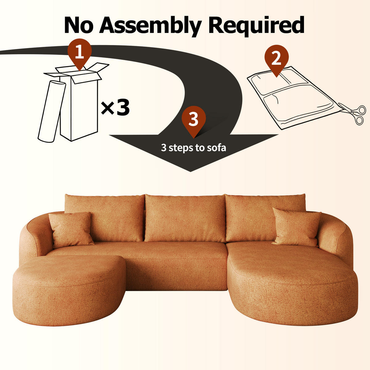 WOHNLANDSCHAFT Rechts, U-Form 266 cm ohne Montage, DE-34817, Orange - Orange, Textil (336/85/168cm) - ComfortXL