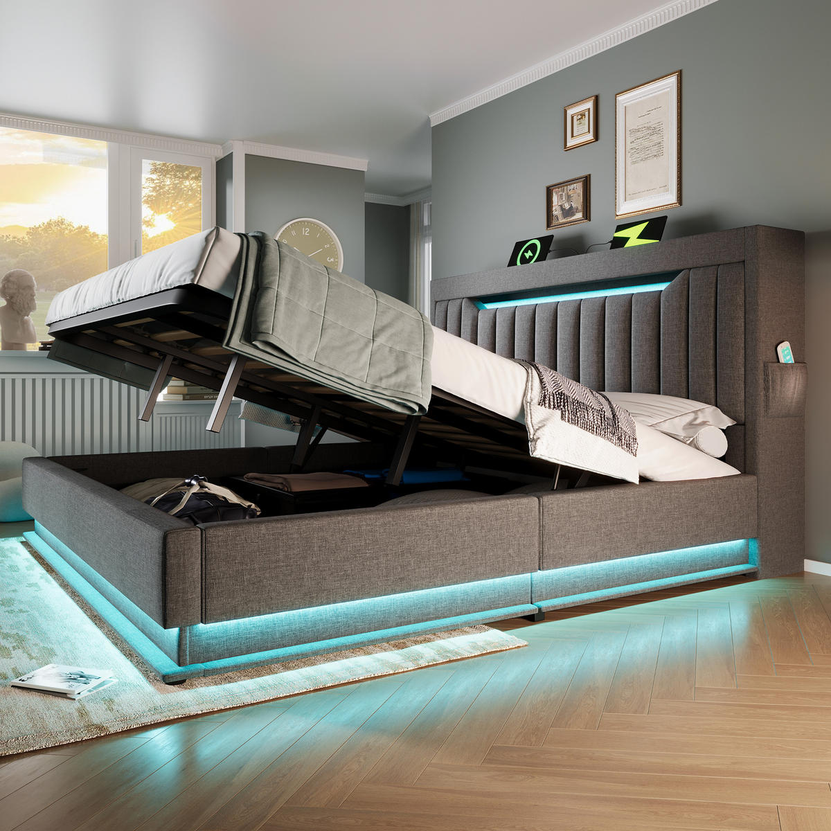 POLSTERBETT 160/200 cm Grau mit Stauraum und LED-Beleuchtung aus Leinen - Grau, Textil (160/200cm) - OKWISH