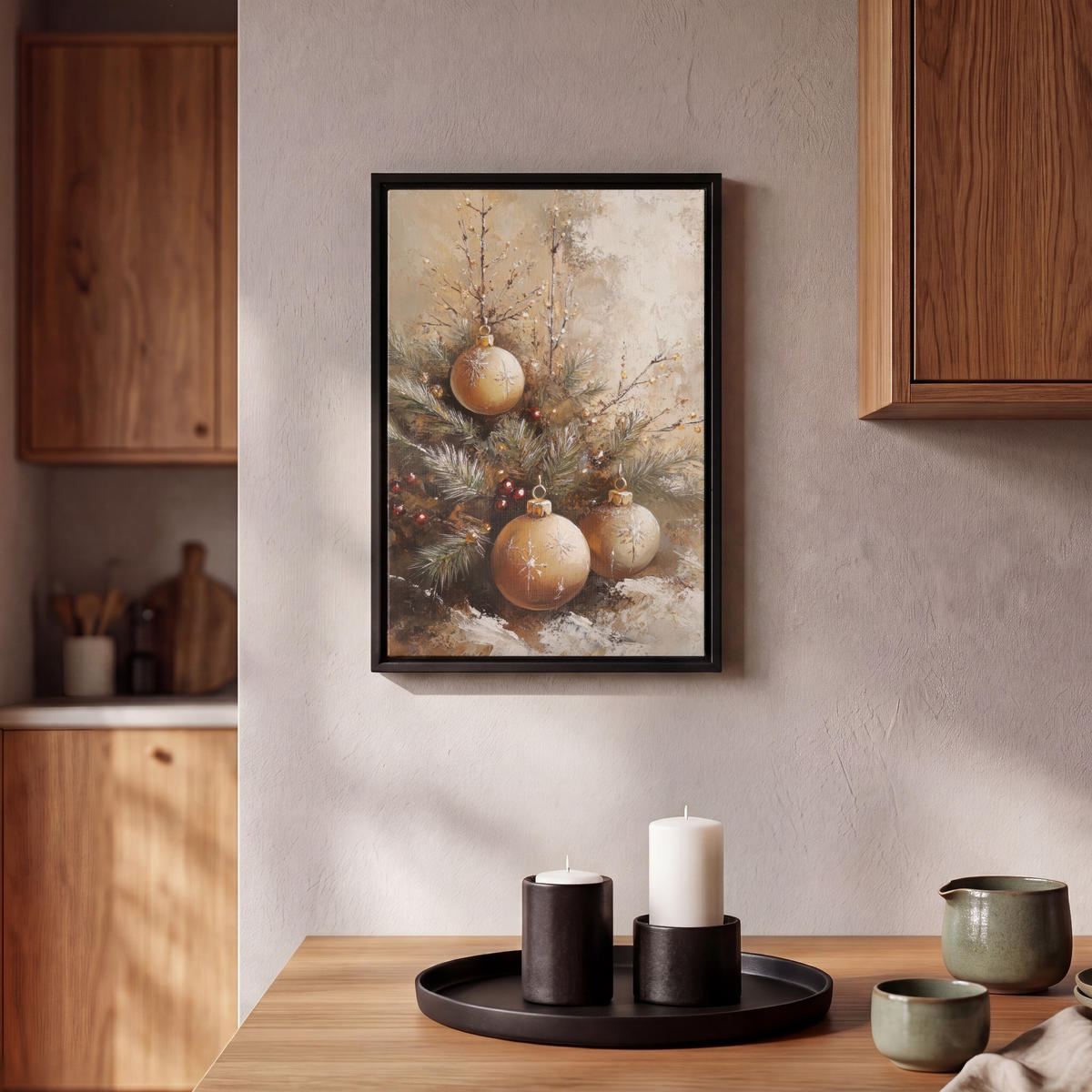 LEINWAND Bilder mit Rahmen - Weihnachten - Kugeln - Beige - Gold - 20x30 - Goldfarben, Textil (20/30cm) - MuchoWow