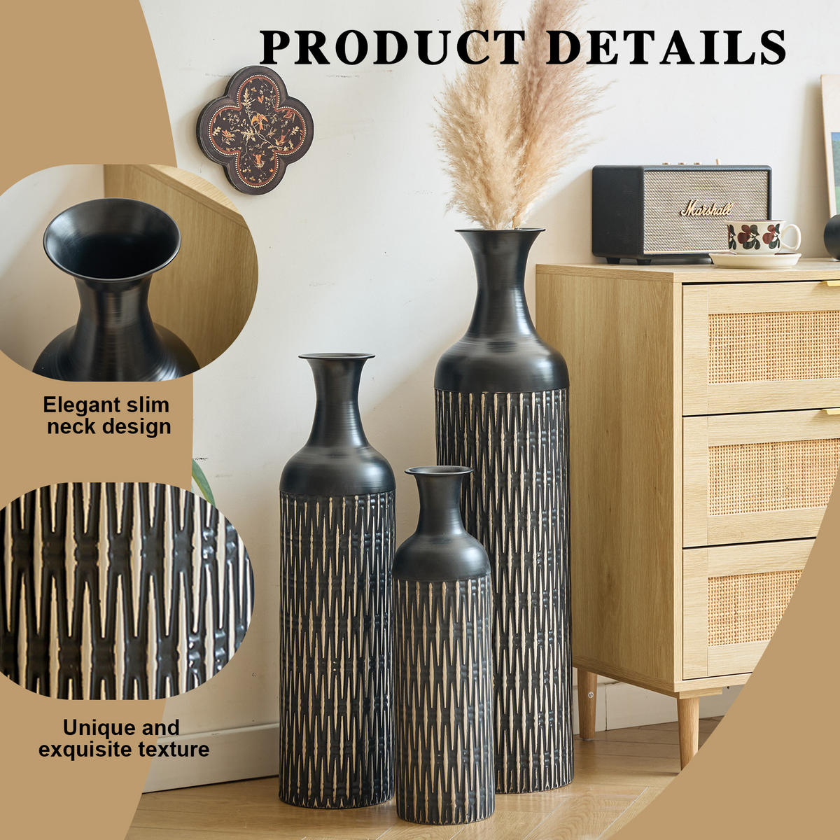 BODENVASE mit Rillenmuster, Metallvase 3tlg., Schwarz - Schwarz, Metall (83cm) - LVHOM