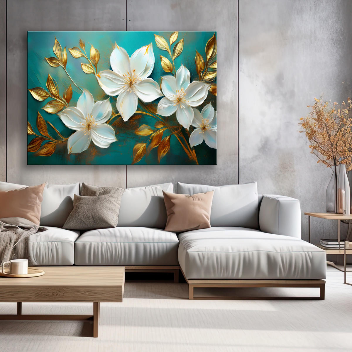 WANDBILD weiße blumen goldene türkisfarbene blätter - Goldfarben, Textil (60/40cm) - Feeby