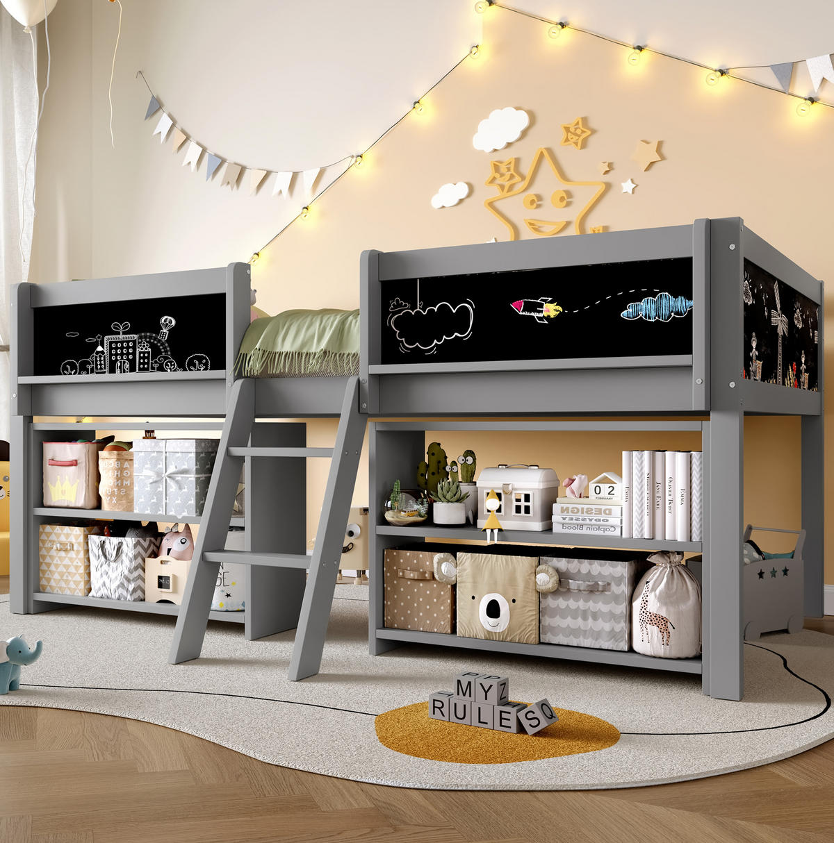 HALBHOHES BETT 90/200 cm, Grau mit Stauraum und Zeichentafel - Grau, Holz (90/200cm) - MIVRAY