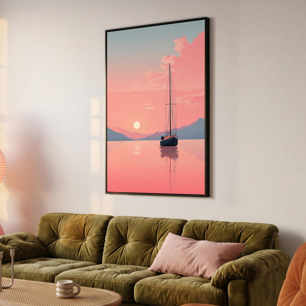 LEINWAND Bilder mit Rahmen - Segelboot - Rosa Meer - Sonnenuntergang - Berge - 80x120 - Rosa, Textil (80/120cm) - MuchoWow
