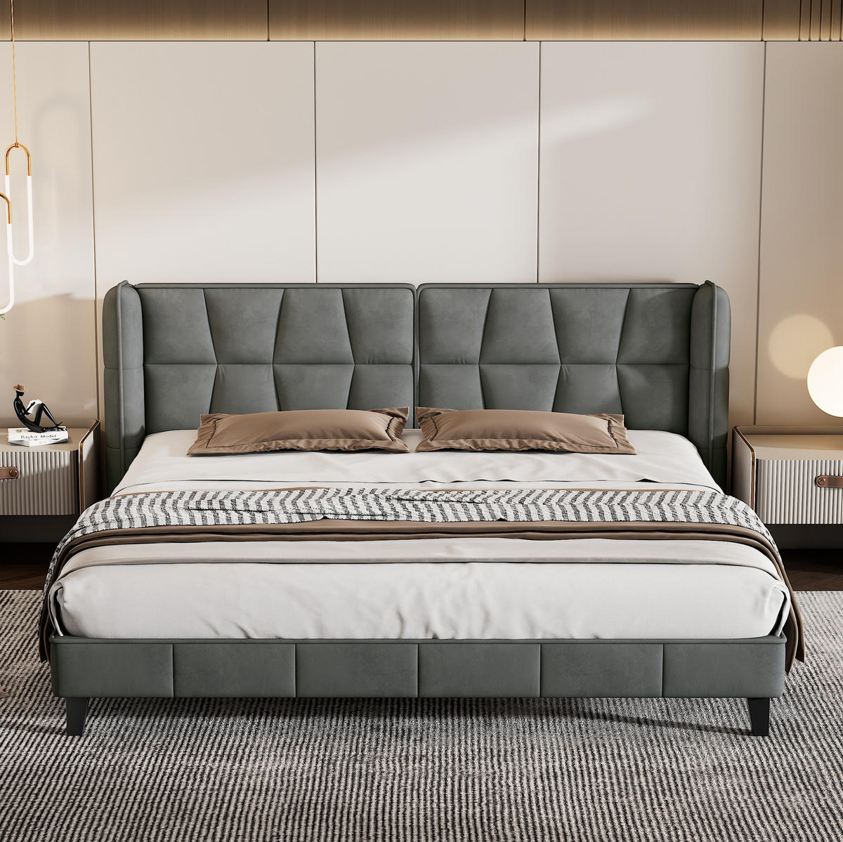 SAMT-POLSTERBETT 180/200 cm in Grau mit Lattenrost und gepolstertem Kopfteil - Grau, Textil (180/200cm) - BEAOK