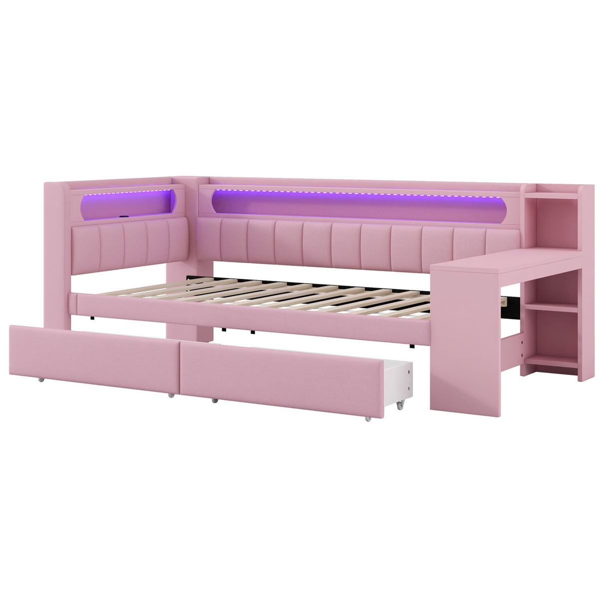 KINDERBETT 90/200 cm Rosa mit LED-Beleuchtung USB-Anschluss Schreibtisch und Schubladen - Rosa, Textil (90/200cm) - OKWISH