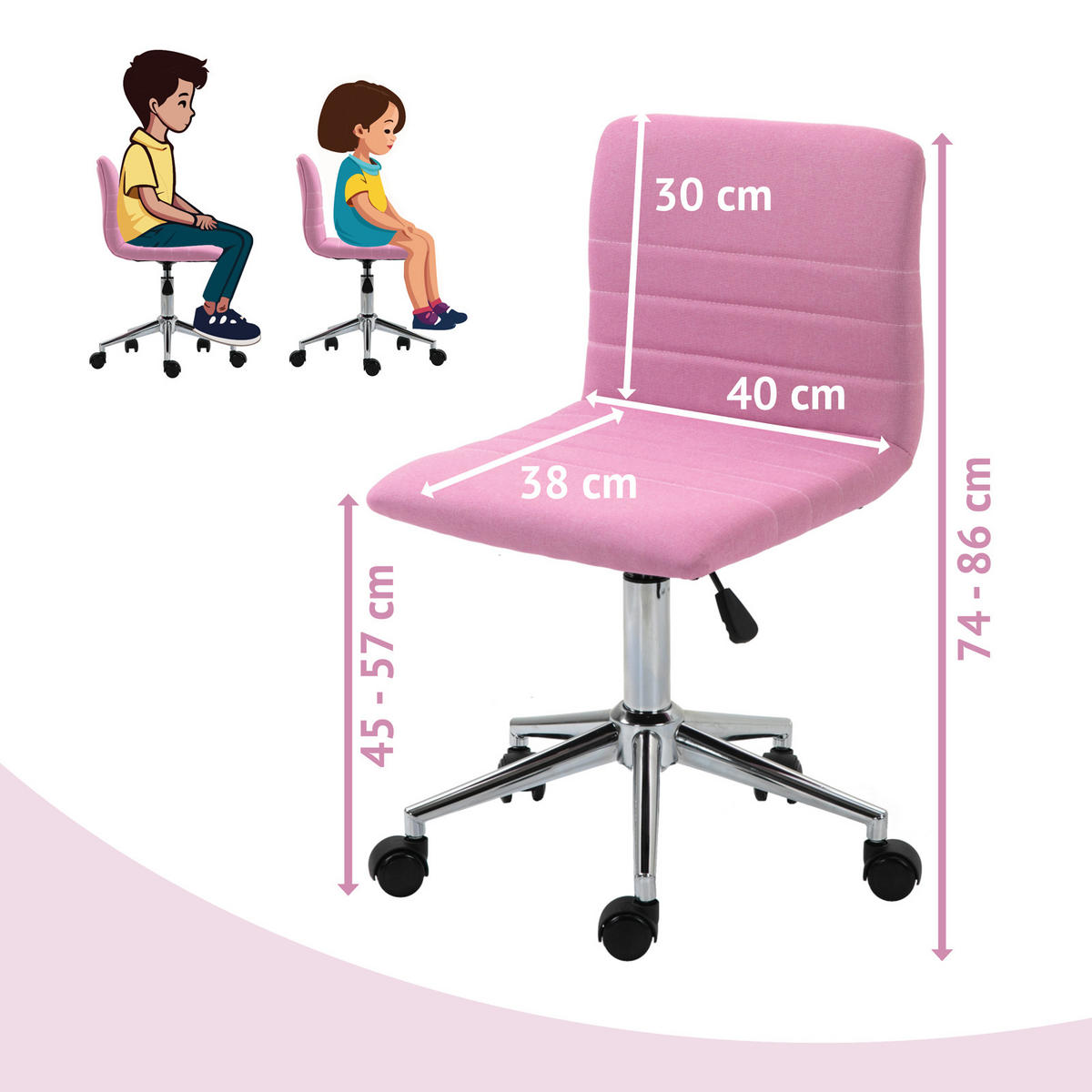 KINDERSCHREIBTISCHSTUHL LINUS Stoffbezug Pink - Silberfarben/Rosa, Textil (40/86/37.5cm) - SVITA