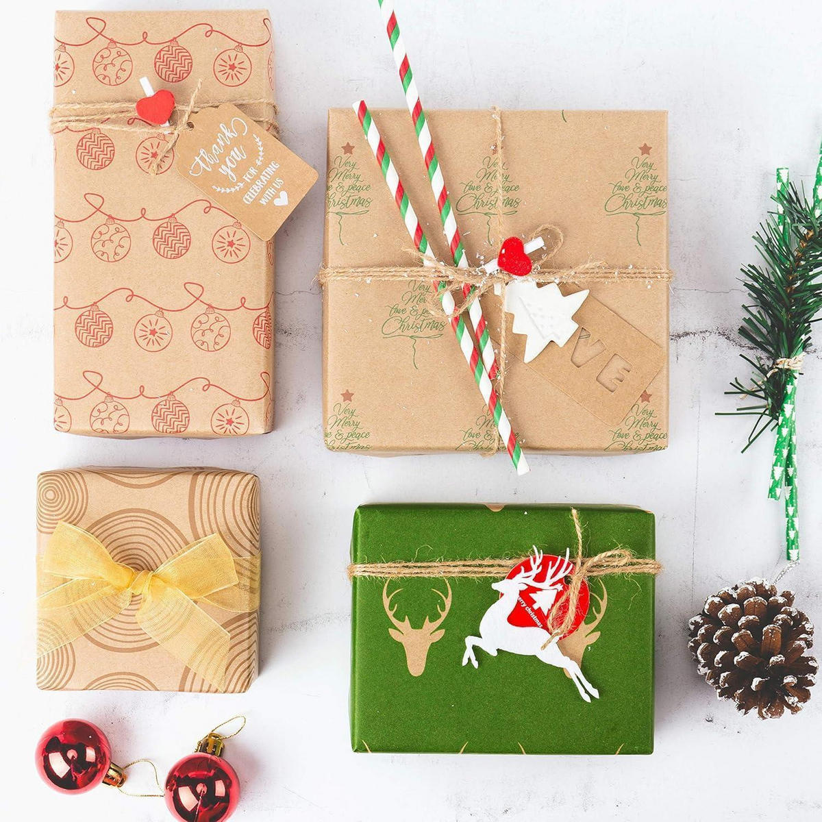 GESCHENKPAPIER 6 Rollen 76 x 305 cm Kraftpapier Weihnachtsmuster - Multicolor, Papier (20/4/76cm)