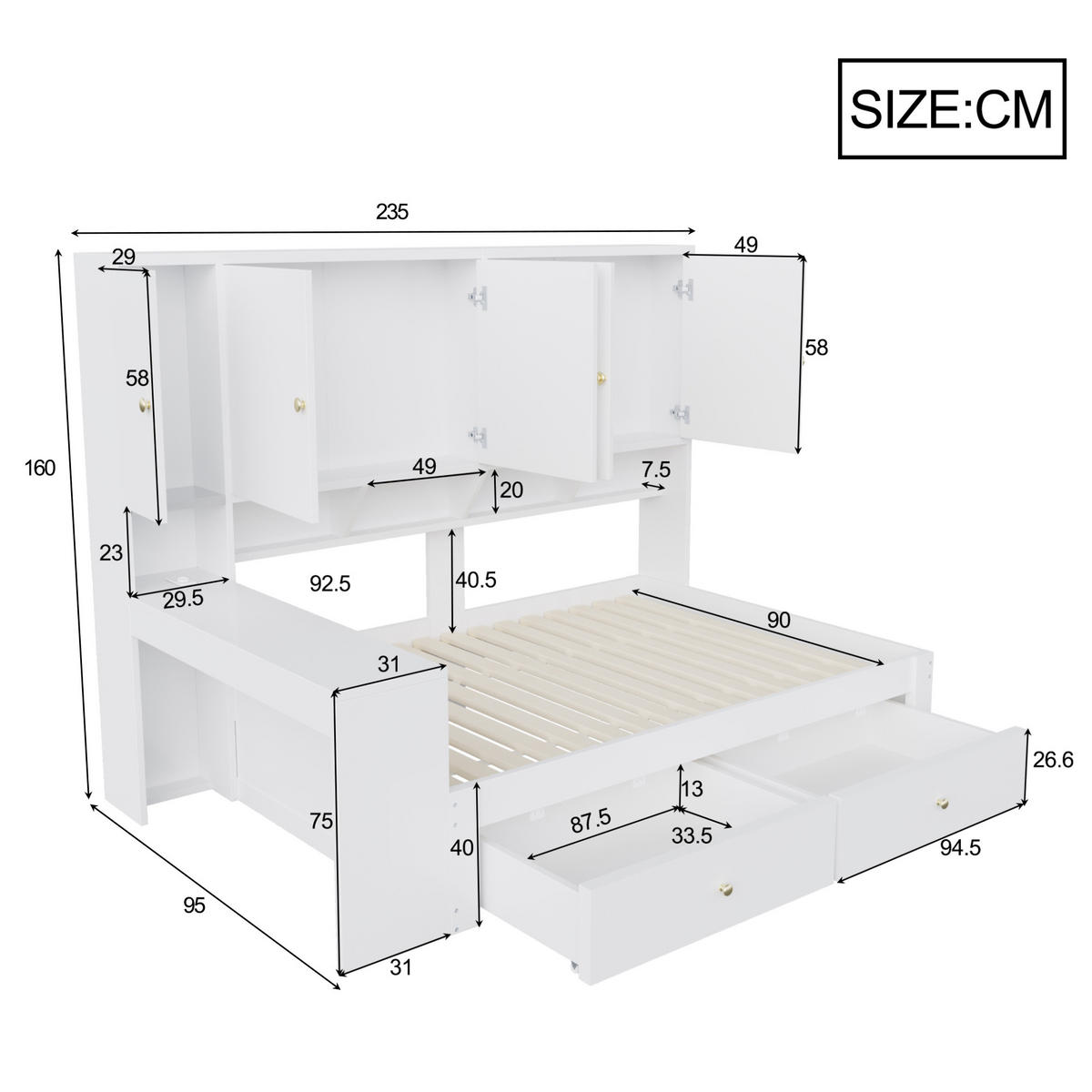 STAURAUMBETT 90/200 cm mit Schreibtisch, LED und Schubladen, DE-41644, in Weiß - Weiß, Holzwerkstoff (90/200cm) - ComfortXL