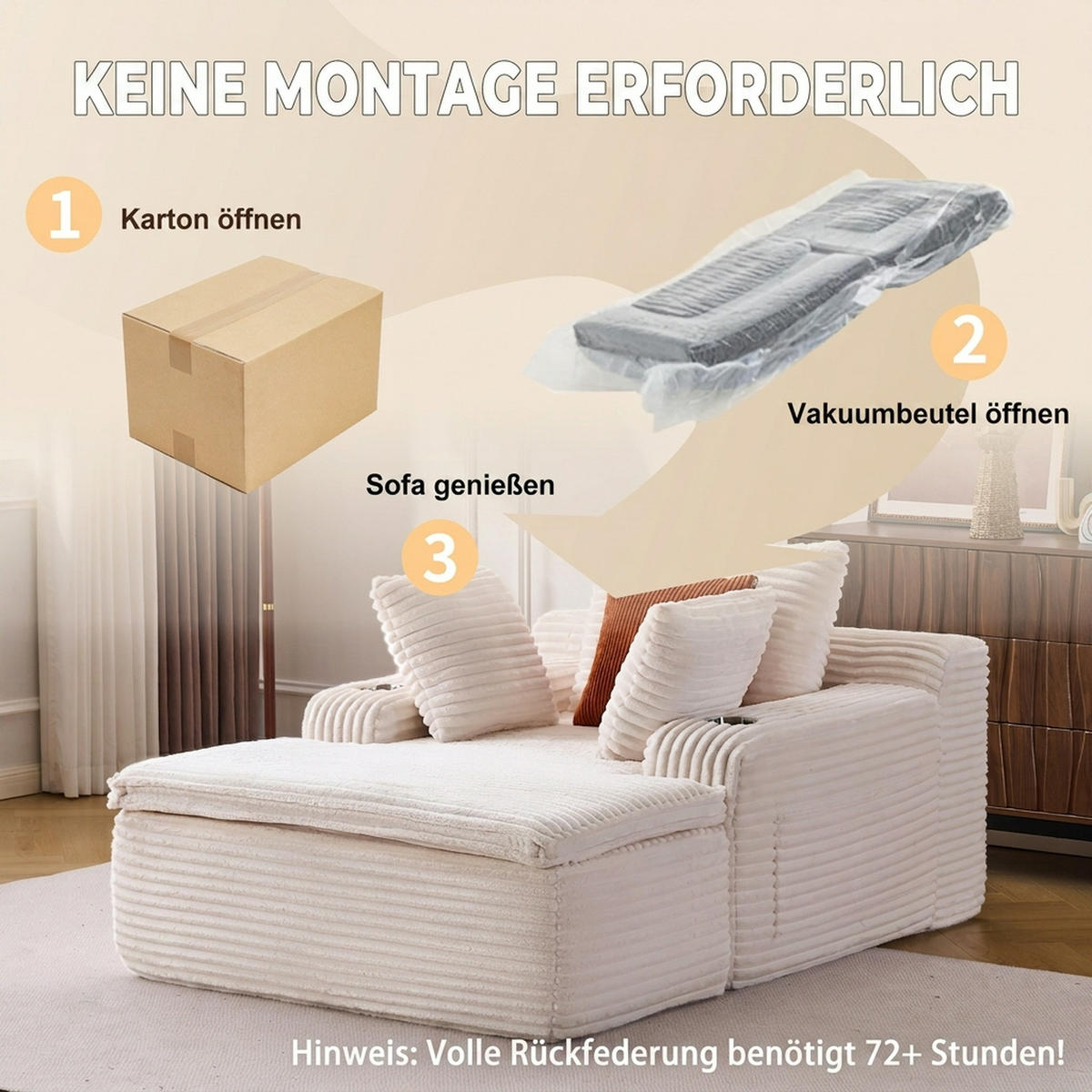 SCHLAFSOFA 165/112/63 cm Beige mit Chaiselongue, 3 Kissen und 1 Decke - Beige, Textil (112/63/165cm) - Oxeza