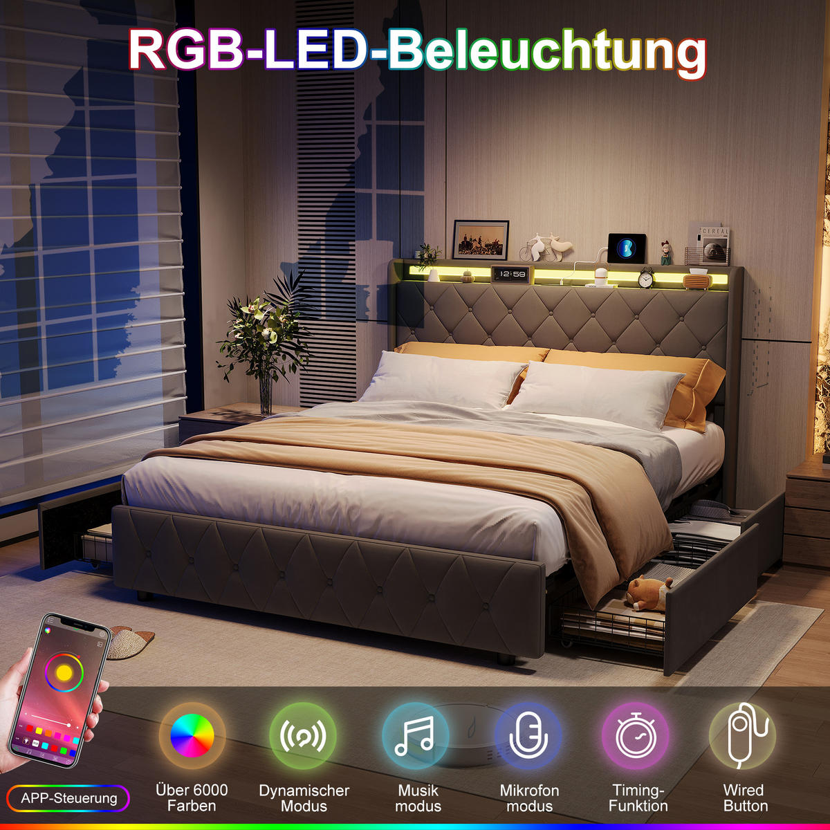 POLSTERBETT 140x200 cm, 4 Schubladen mit Rollen, RGB LED, USB-/Typ-C-Anschlüsse,Samtstoff, Grau - Grau, Holz (140/200cm) - BRILVERDE